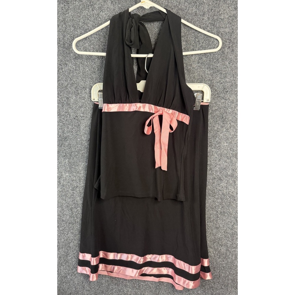 Y2K 90s One I Love Halter Neck Top & Skirt Set Women's Small Black Pink Ribbon